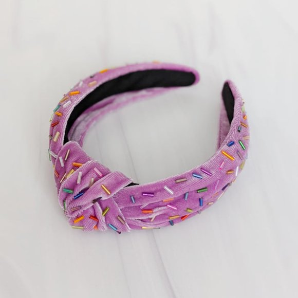 Lilac Confetti Beaded Knot Velvet Headband Rainbow Beads Handmade Knotted Turban main image 6